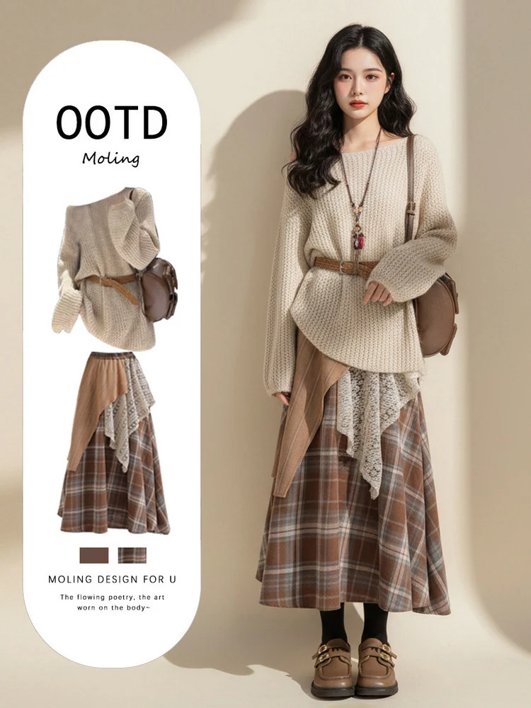 

Spring 2026 Women's Travel Outfit Loose oulder Knitted Sweater Plaid Asymmetrical Skirt Two-Piece Set Faionable Casu...