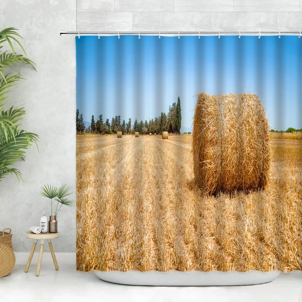 Autumn Country Shower Curtain Fall Farm Wheat Field Harvest Landscape Forest Home Decor Bathroom Polyester Hanging Curtains Set