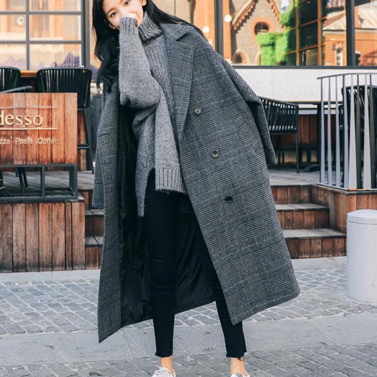 BJTZ Manteau Ample Carreaux Rétro Pour Femme، نسخة نوفيل كورين، وضع Ample، نمط هيبورن فرانساي، Mi-long، Automne