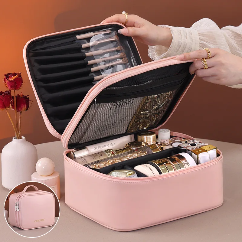 Waterproof PU Leather Ladies Makeup Bag Double Zipper Cosmetic Organizer Portable Travel Cosmetics Divided Storage Hand Pouch
