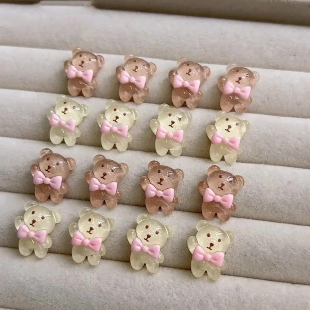 10Pcs Kawaii Bears Nail Art Charms Sweet Heart Bow Nail Decoration Parts Ice-transparent Brown Manicure 3D Accessories Jewels