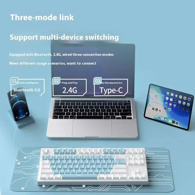 EWEADN MT87 Tri-Mode Wireless Mechanical Keyboard Blue Switch PBT Keycaps White Backlit  for Gaming Office Home PC  Desktop