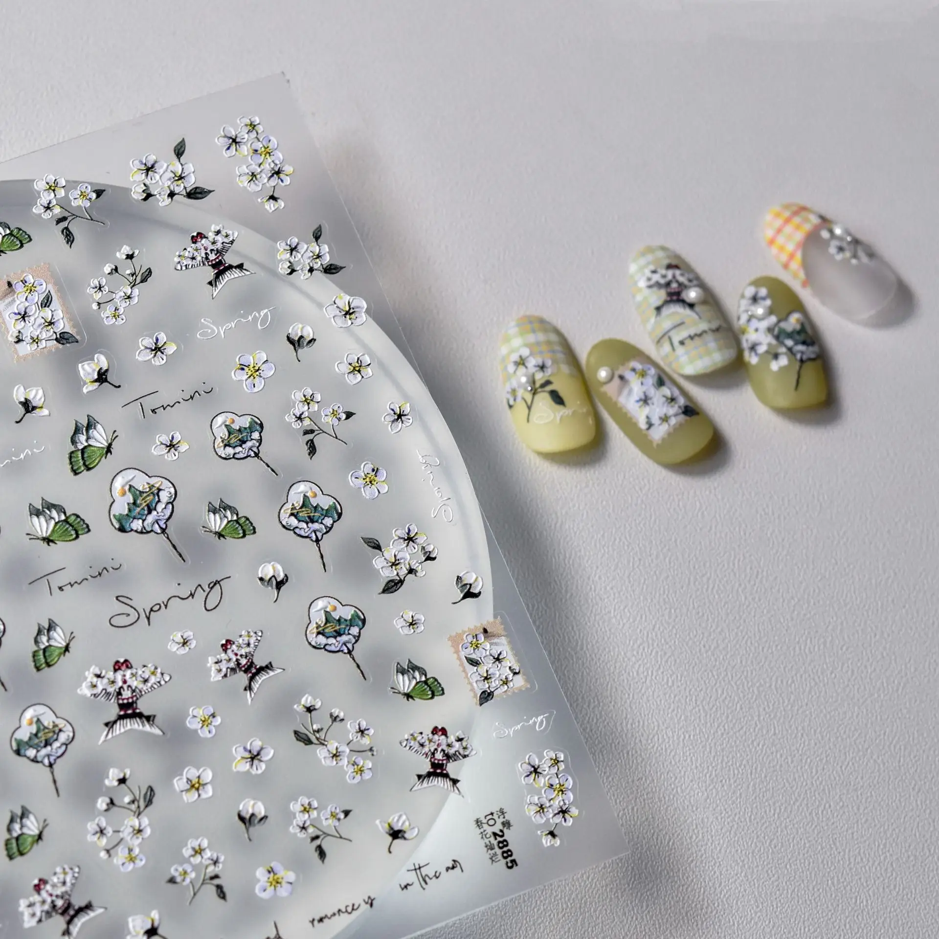 

1pc5D White Spring Flower Nail Sticker High Quality Exquisite Magnolia Butterfly Embossed Nail Decoration Sticker Nail Art Decal