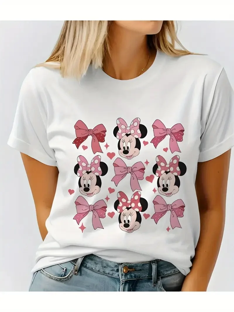 

2025 Disney Pattern Printed Women's Casual Comfortable Unique Smiling Face Black Round Neck Short Sleeve T-shirt