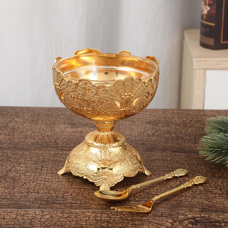 

Multi Legged Ice Cream European Printed Metal Bowl with Knife and Fork Glass Inner Wall Salad Bowl