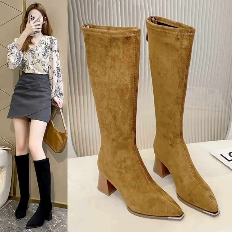 

2026 Winter Street Style Pointed Toe Knee-High Boots Women Low Heels Shoes Female Long Booties Women Shoes Zapatos De Mujer New