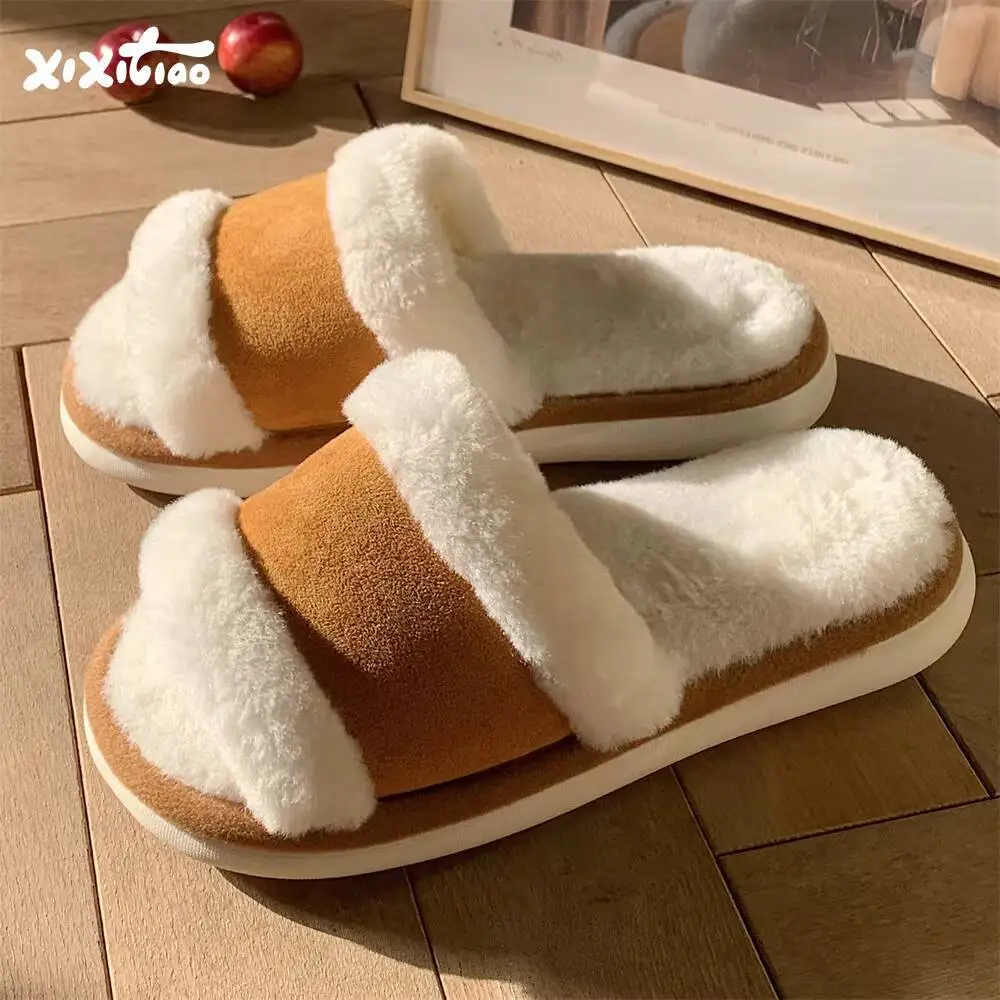

Retro Color Block Furry Slide Slippers for Women Winter Autumn Warm Anti Slip Stylish Indoor Home Cotton Slippers