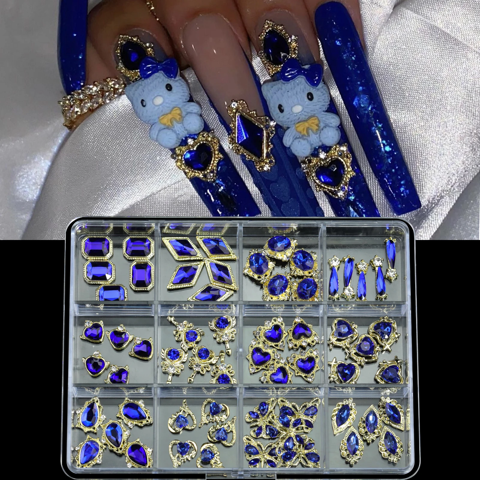 12-grid luxury alloy Klein blue glass diamond nail charms various styles of nail rhinestones suitable for DIY nail decoration