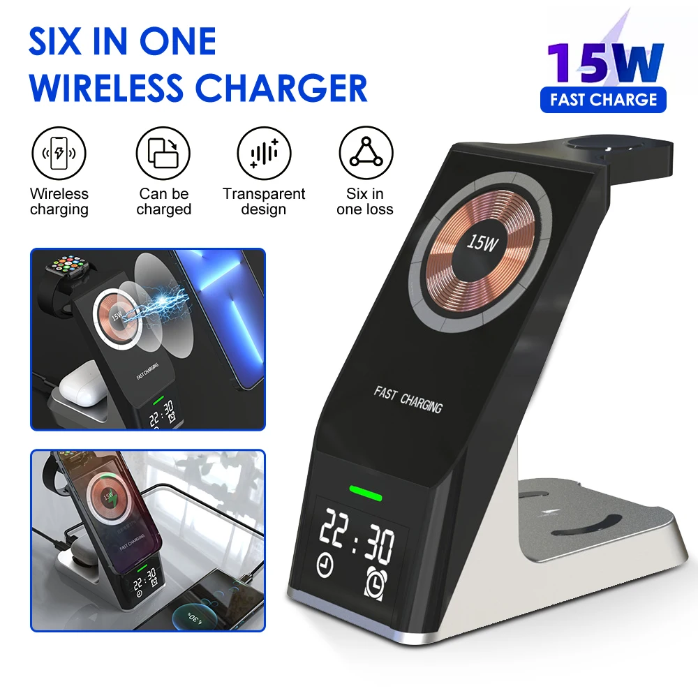 

6 in 1 Wireless Charger Stand Fast Charging Dock Station for Samsung IPhone 14 13 12 11 Apple Watch Airpods Pro iWatch Chargers