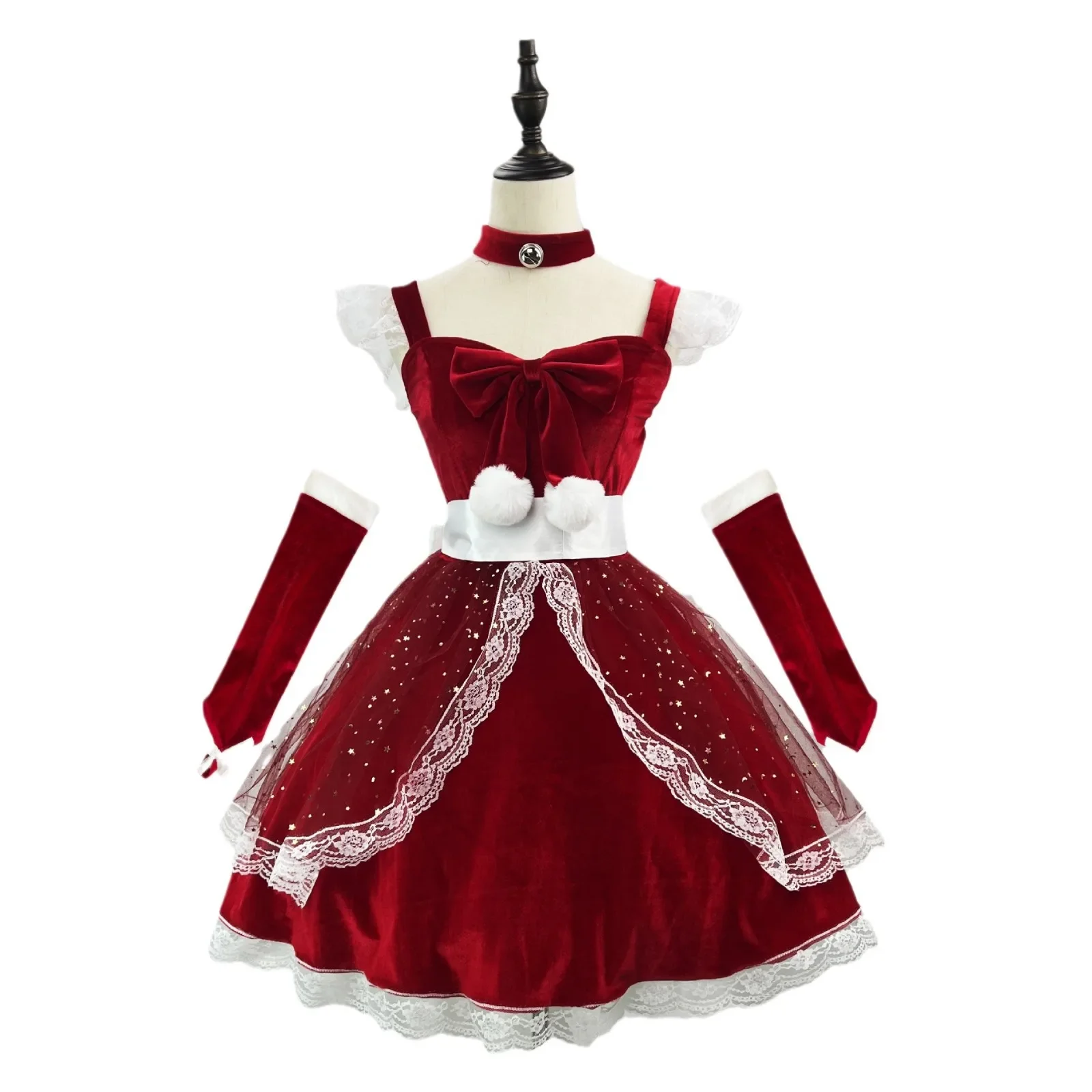 Sweet Lolita-Robes rouges de Noël en dentelle pailletée avec étoile, boule de princesse vintage élégante, quel que soit l'uniforme de cosplay de Noël et du Nouvel An