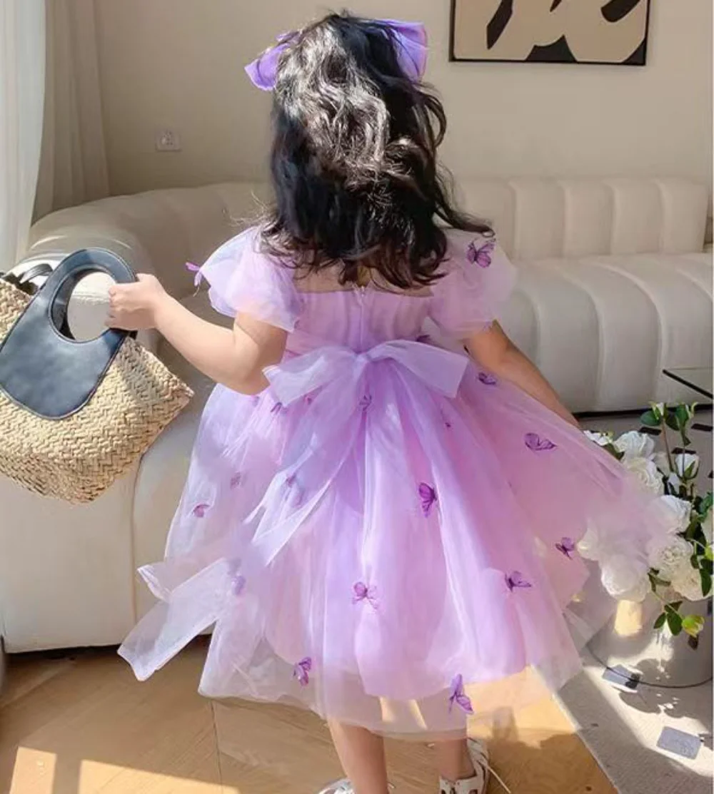 2023 Easter Children Girl Summer Clothes Sleeveless Butterflies Applique Green Purple Kids Dresses for Girls for 4 To 5 Years