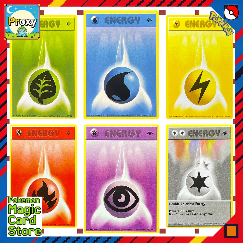 Karty Pokemon Proxy Angielska Pierwsza Edycja Klasyczna Energia Wodna Energia Ognista Energia Psychiczna Pokemon Center Pełne Regeneracje PTCG Zabawki Prezenty