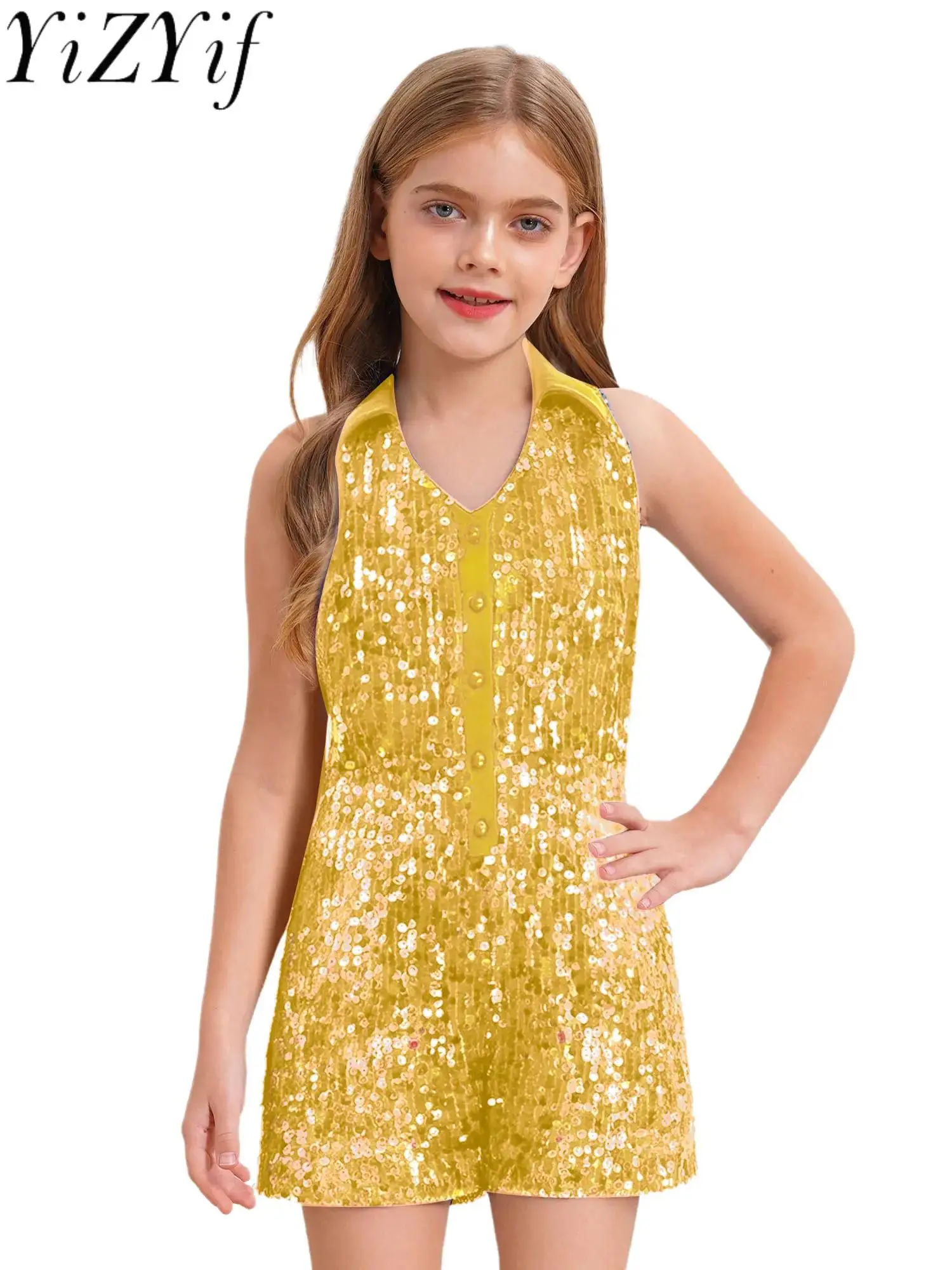 

Kids Girl Fashion Formal Jumpsuit Sleeveless Allover Sequins with Button Style Uniforms for Birthday Party Banquet Ceremony