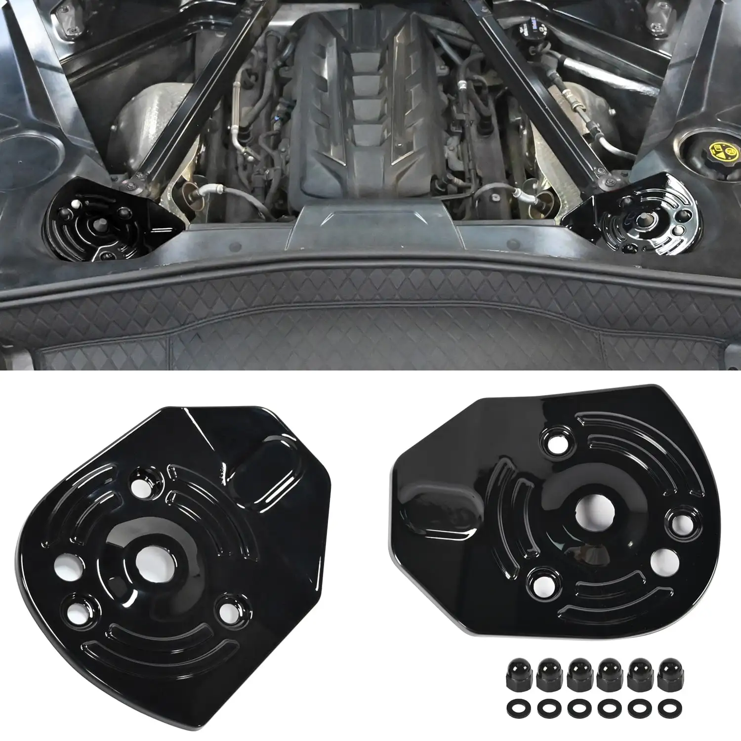 2PCS Car Hood Rear Shock Tower Covers Trim Protection Accessories Glossy Black Red For Chevrolet Corvette C8 2020 2021 2022-2025