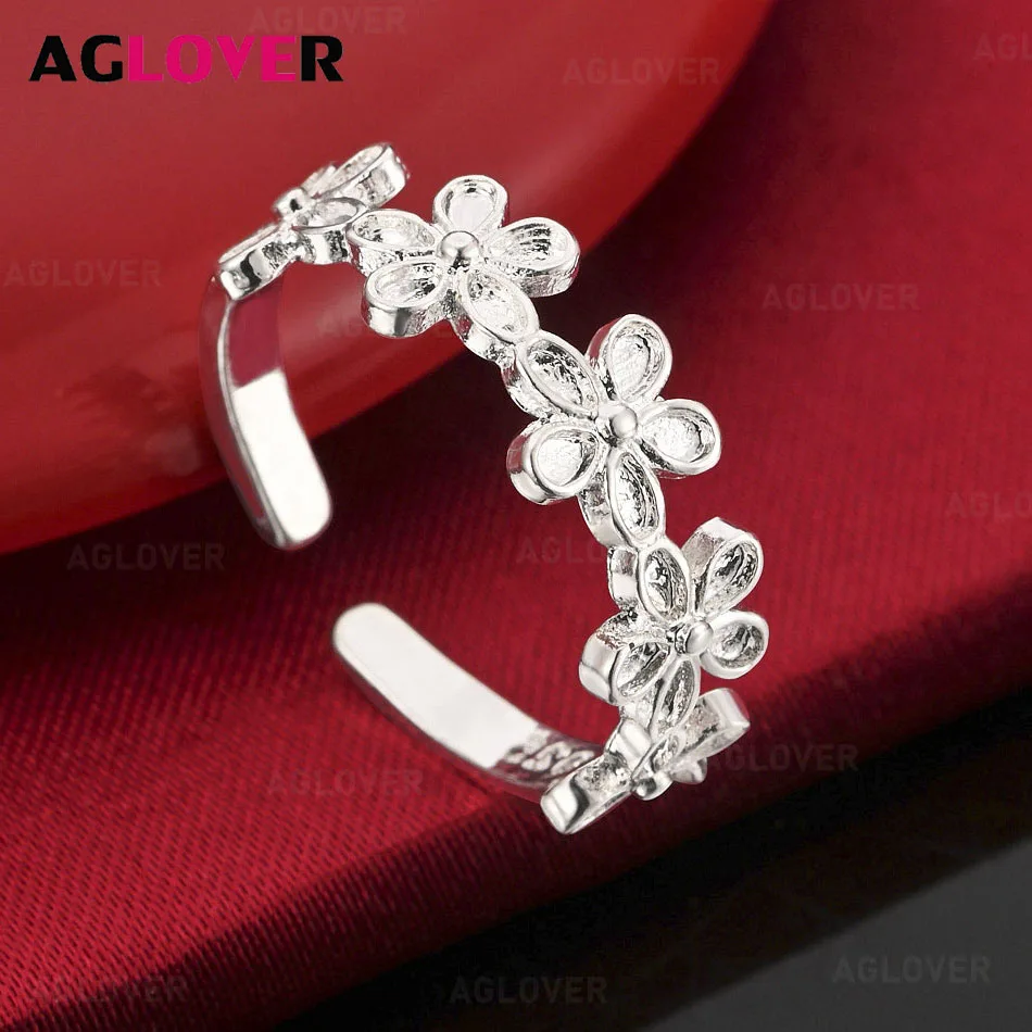 

AGLOVER 925 Sterling Silver Flower Open Ring Women's Exquisite and Cute Wedding Engagement Party Jewelry