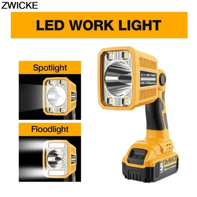 18W 1250LM Handheld Flashlight Jobsite Light with 110 Degree Pivoting Head LED Work Light for Dewalt 20V MAX Lithium Batteries