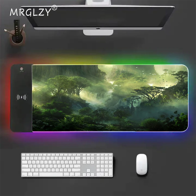 Wireless Charging Mouse Pad Extended Pad Desk Accessories Office Desk Pad Fantasy Jungle Waterfalls Gamer Room Decoration Rug