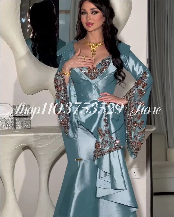 Luxo azul festa de formatura vestido elegante appliqued flor fada manga longa árabe tapete vermelho vestidos celebridade personalizado