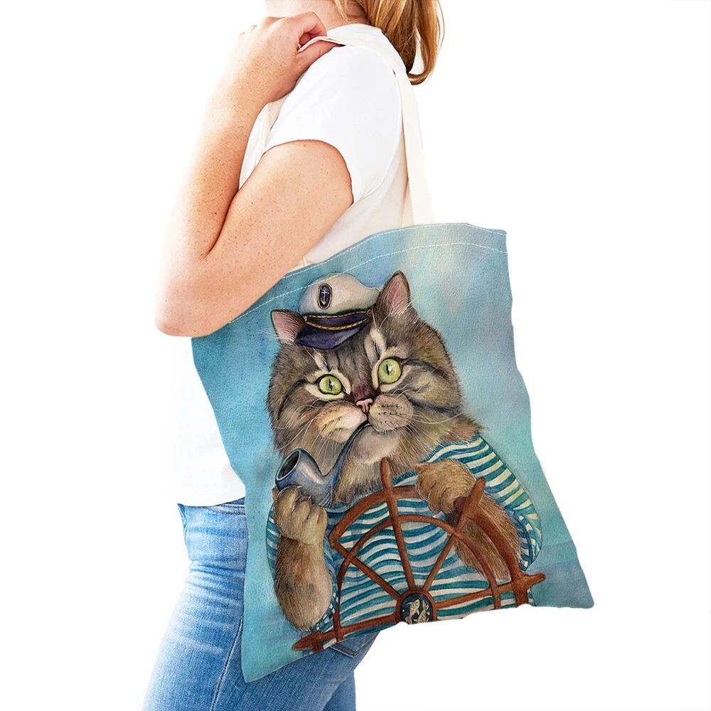 Sac à provisions en toile décontractée à double impression d'animaux de dessin animé pour enfants, sac fourre-tout mignon, sac à main de chat de pêche, initié au gril, femmes