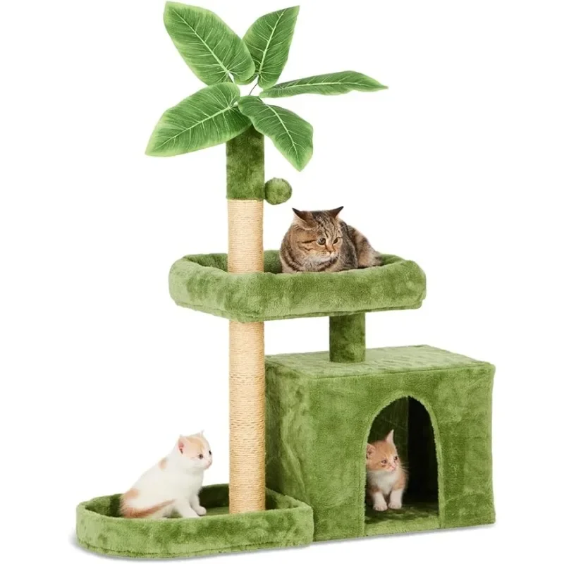 

Tower for Indoor Cats with Green Leaves, Cat Condo Cozy Plush optional