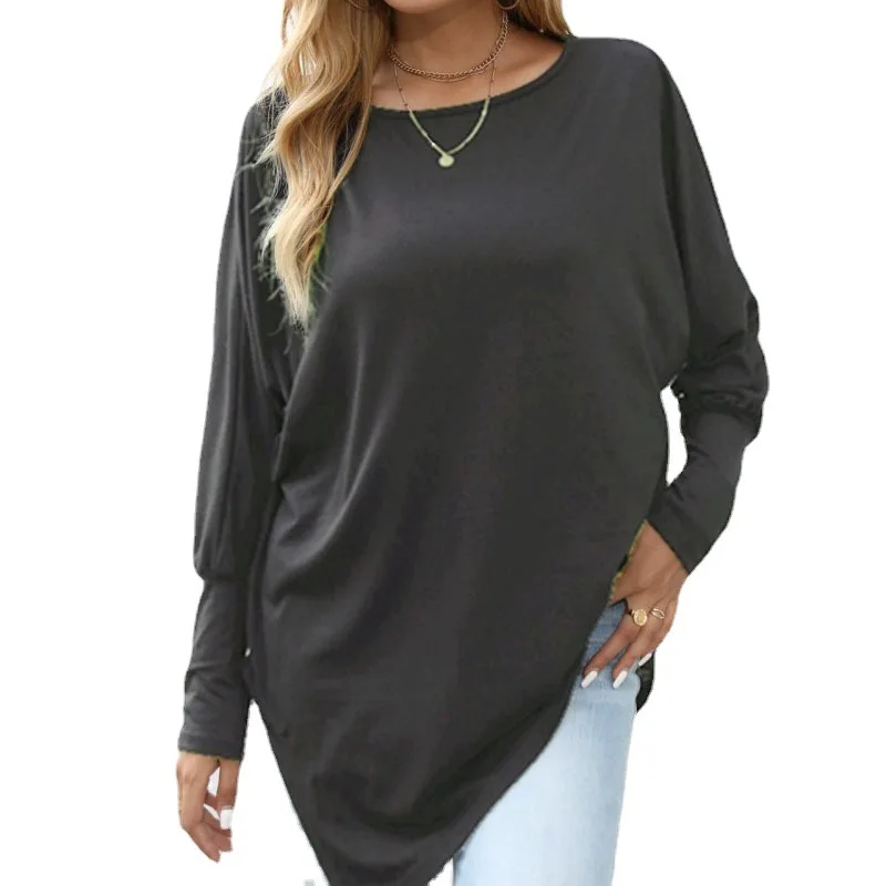 Women Long Sleeved Irregular T-shirt Casual  Black Autumn Winter Basic Tunic 3XL Vacation Streetwear Tees Fall Shirt