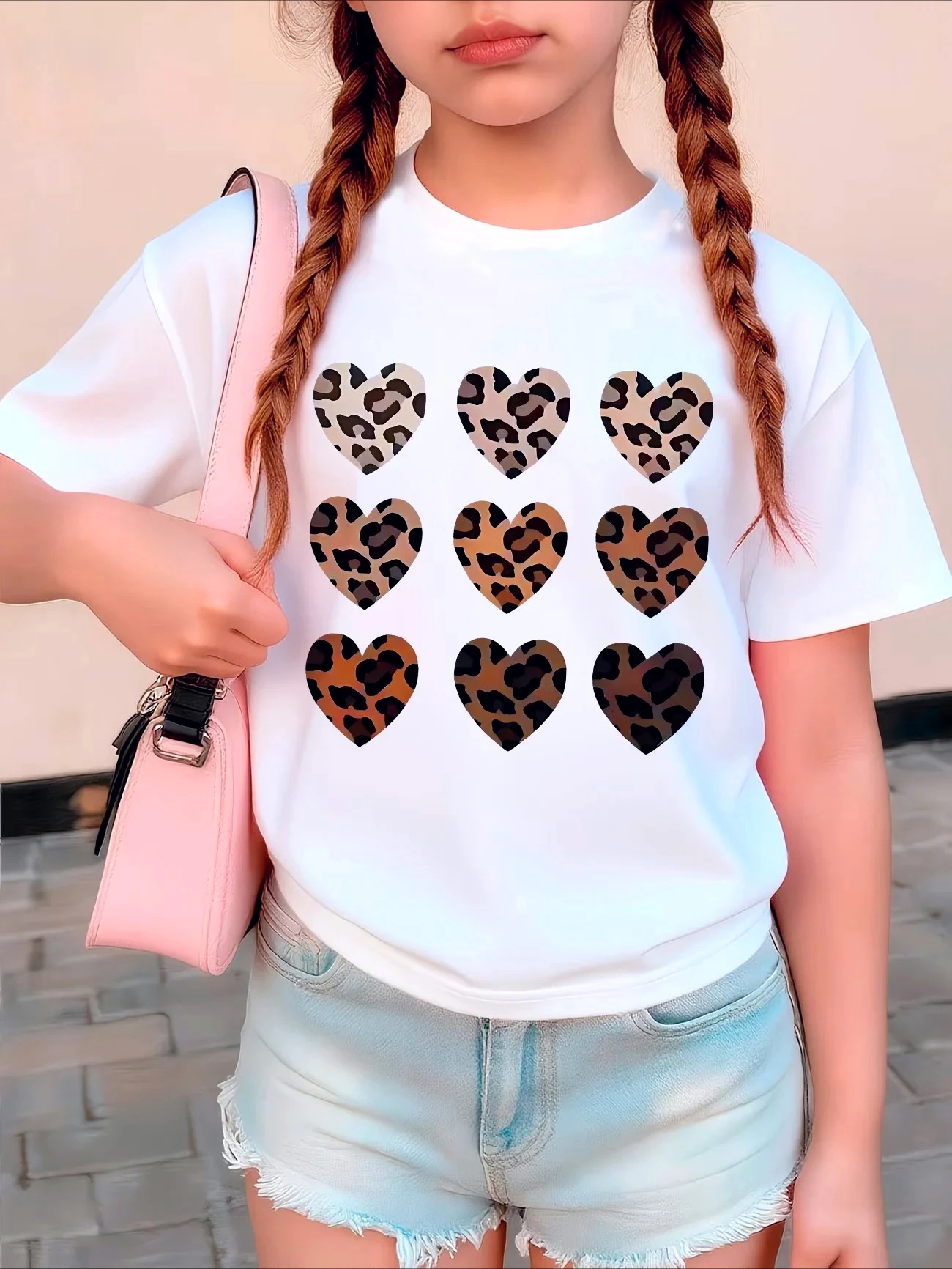 

Модные футболки с леопардовым принтом Y2k Love Heart, детская футболка с короткими рукавами и круглым вырезом, летние и весенние повседневные топы для девочек