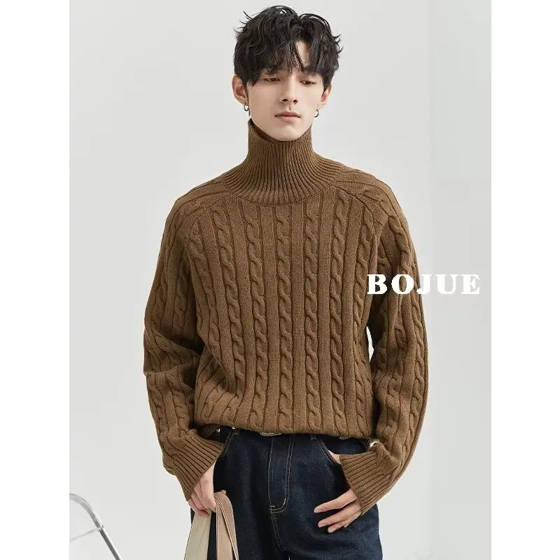 

Осенние и зимние мужские свитера, вязаные рубашки с высоким воротом, приталенный пуловер, трендовые однотонные рубашки из жареного теста с утолщенной подложкой, пот