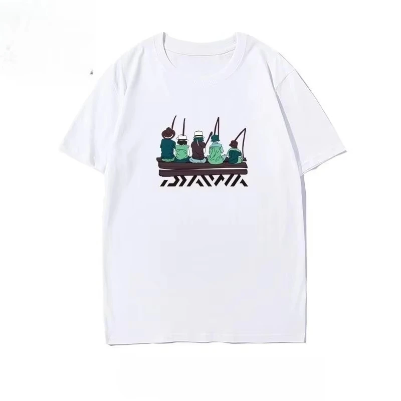 2026 New Outdoor Fishing Family Matching Unisex Oversized T-Shirt Cartoon Fishermen Group Sitting On Bench Chest Print Tops