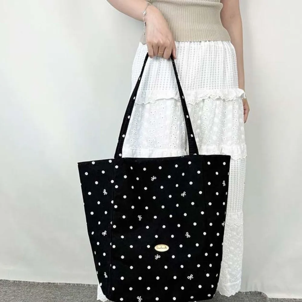 Lightweight Polka Dot Tote Washable Soft Fabric Canvas Shoulder Bag Minimalist Design Pastel Colors Double-sided Cloth Handbag