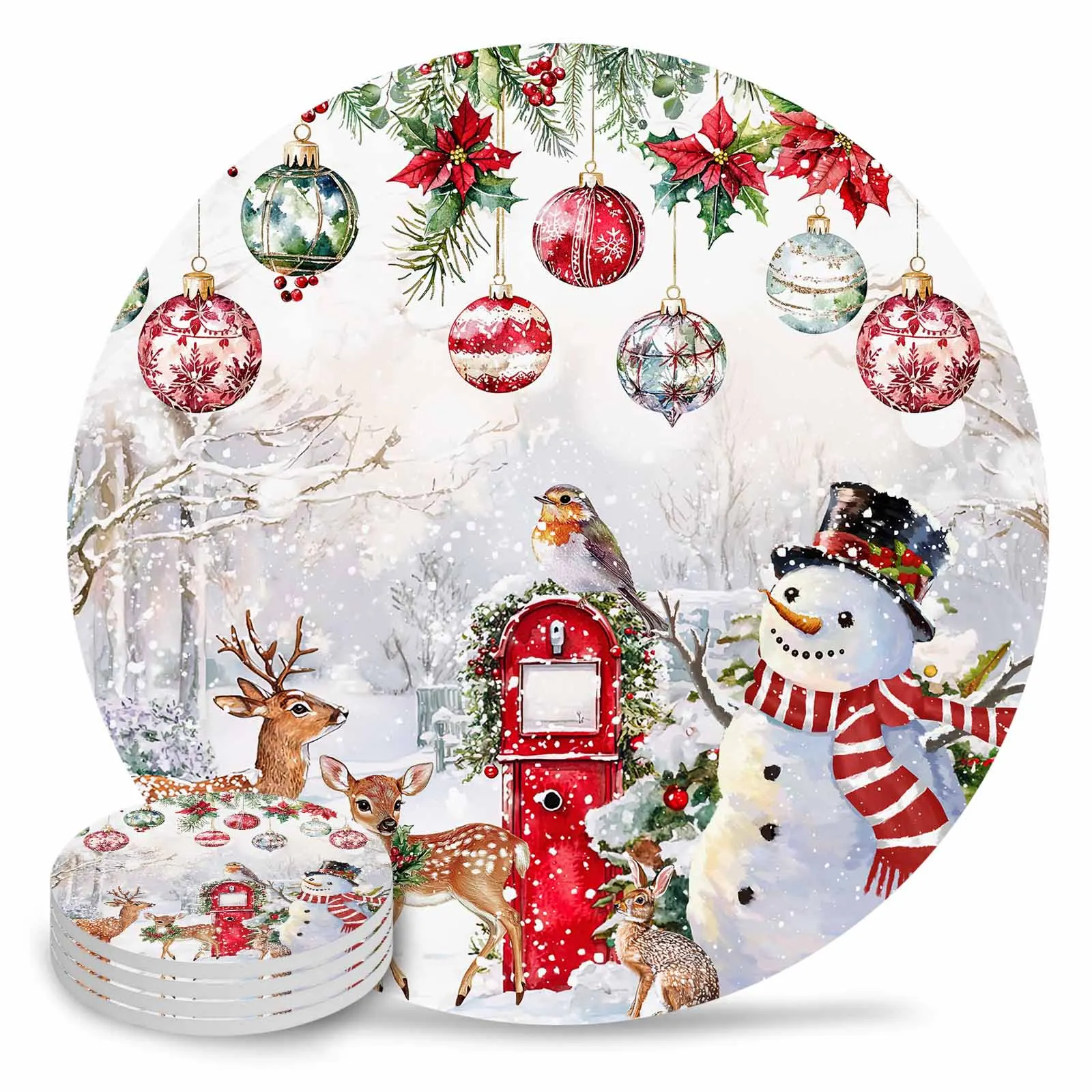 Christmas Ball Snow Scenery Animals Round Coaster Coffee Table Mats Kitchen Accessories Absorbent Ceramic Coasters