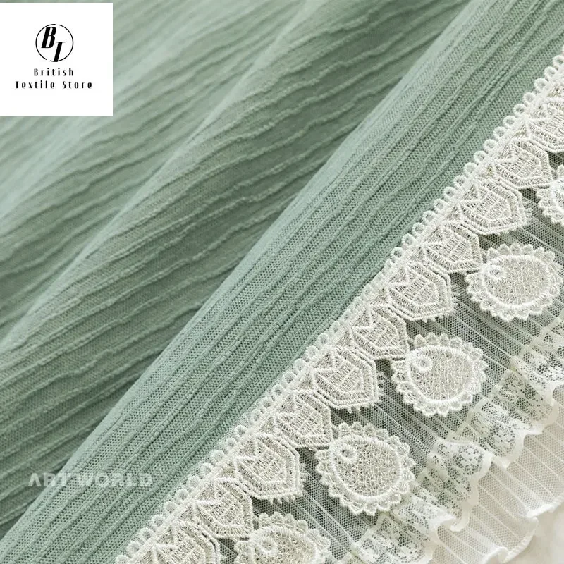 

French Curtains for Living Dining Room Bedroom Crumpled Chenille Lace Matcha Green Ins Wind Curtain Window tulle Custom