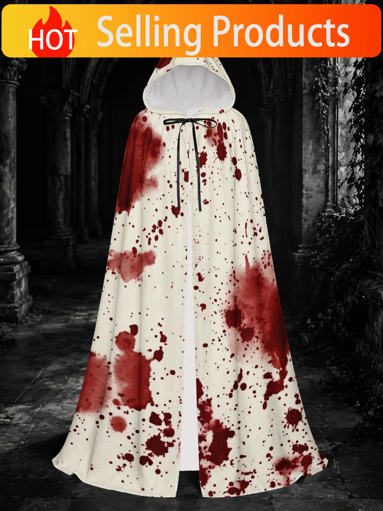 [Printed Design - Not Texture] 1pc, Witch And Elf Role-Play Cape, Red Splatter Print Hooded Robe, Suitable for Halloween Horror