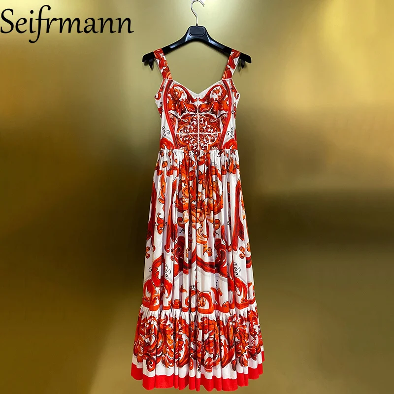Seifrmann Sommer-Damenbekleidung, neues modisches, bedrucktes, tailliertes langes Kleid aus Baumwolle mit Hosenträgern