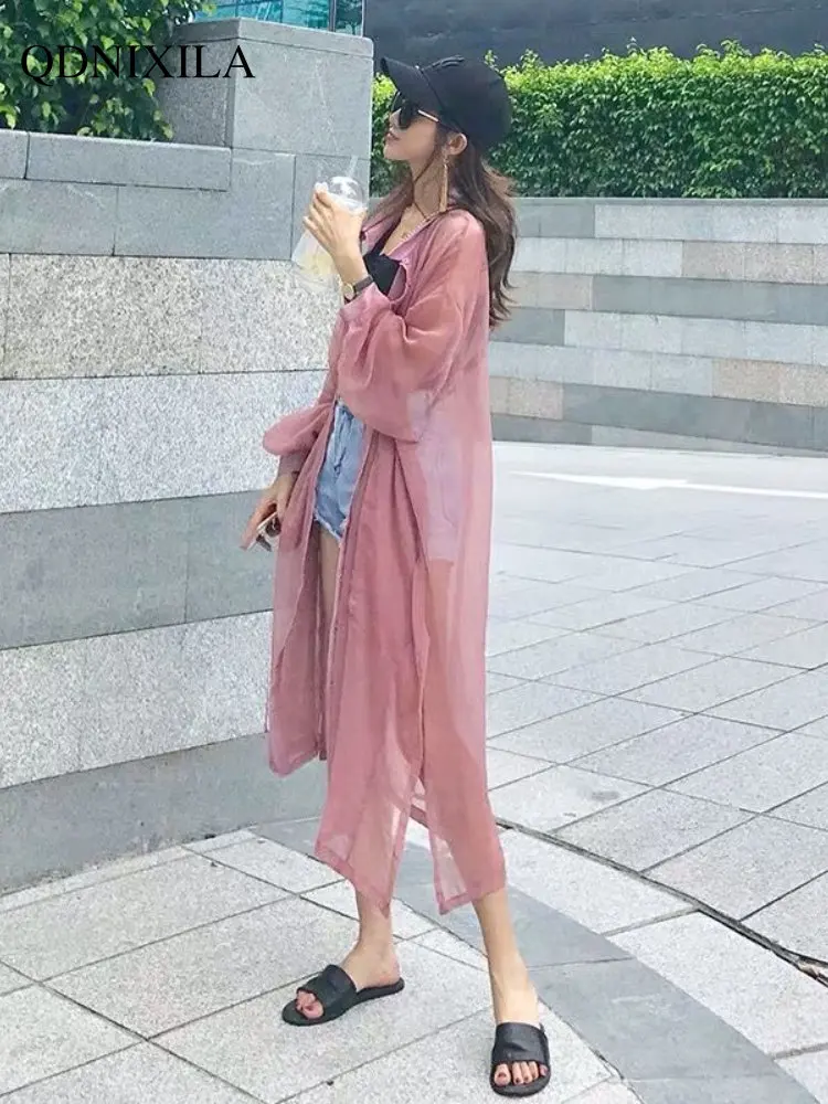 2023 Summer Mid-length Women\'s Shirts and Blouses Fashion Sunscreen Clothing Thin Cardigan Chiffon Beach Top Oversized Shirts