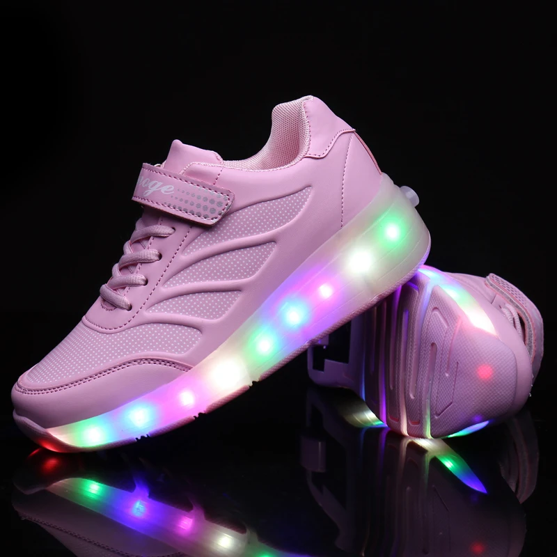 Children Fashion Luminous Sport Casual Wheelys Skating Sneakers Boys and Girls Roller Skates Tow Wheels Shoes Glowing Light LED