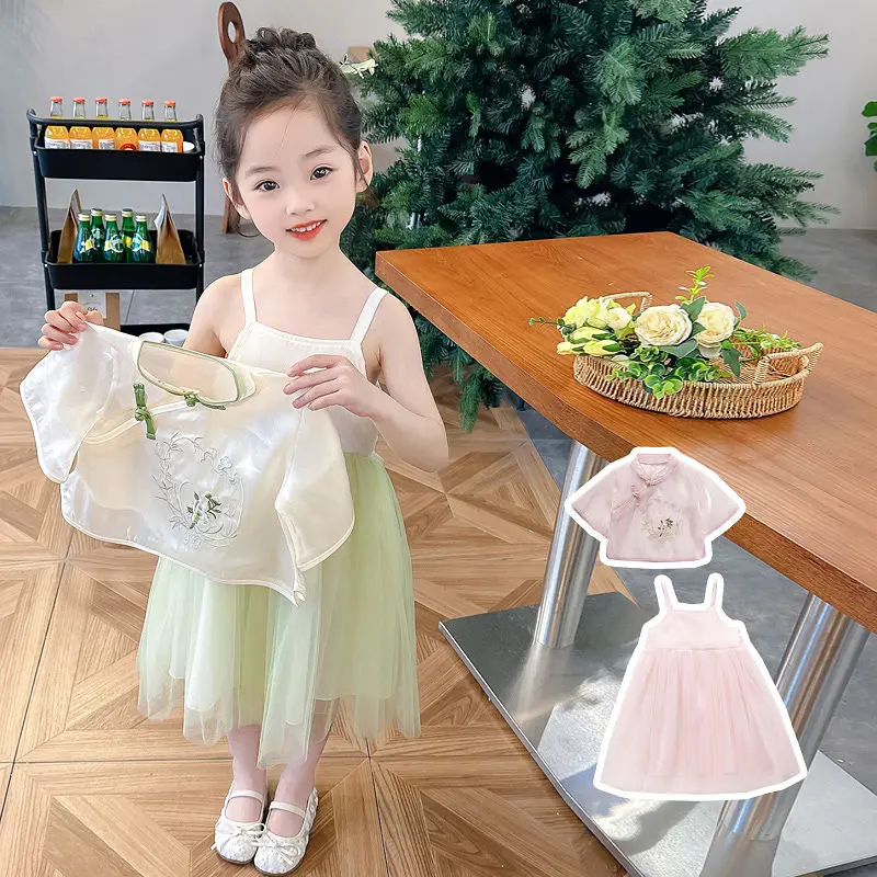 New Chinese Girl's Dress Summer Children's Princess Dress Chinese Style Embroidery Gauze Skirt Western Style