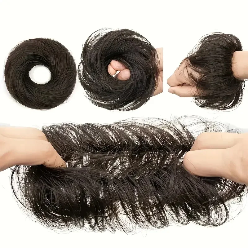 合成エレガントな乱雑なおだんごヘアかつら弾性ゴムバンドかわいいヘアアクセサリーヘアエクステンション女性のための