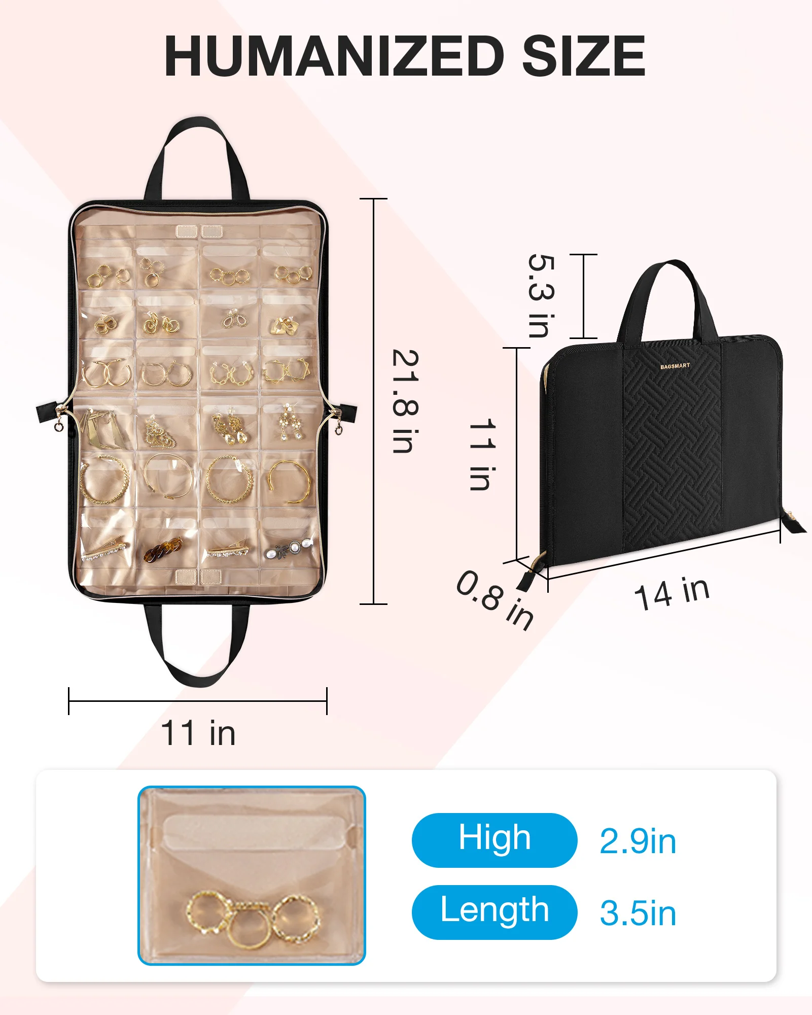 BAGSMART Hanging Travel Jewelry Organizer Zippered Foldable Carrying Case Ring Necklace Earring Studs Holder Jewelry Storage Bag