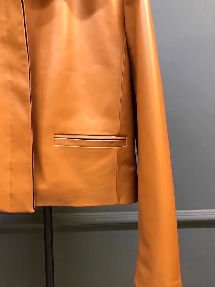 Korean Style Retro Straight Women Genuine Leather Jacket Long Sleeve Turndown Collar Sheepskin Outerwear Single Breasted Coats