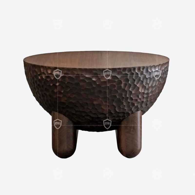 Medieval Solid Wood Circular Tea Table Vintage Art Living Room Tea Table and Homestay Carving