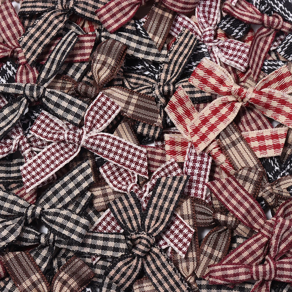 20pcs Mini Vintage Plaid Satin Ribbon Bows Checkered Bow For DIY Sewing Crafts Wedding Decoration Hairpin Garment Accessories