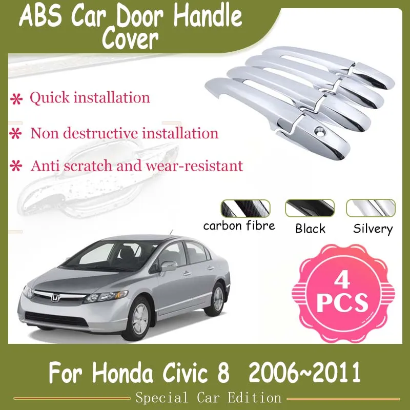 For Honda Civic 8 2006 2007 2008 2009 2010 2011 Chrome Car Door Handle Covers Trim Carbon Fiber Car-Styling Stickers Accessories