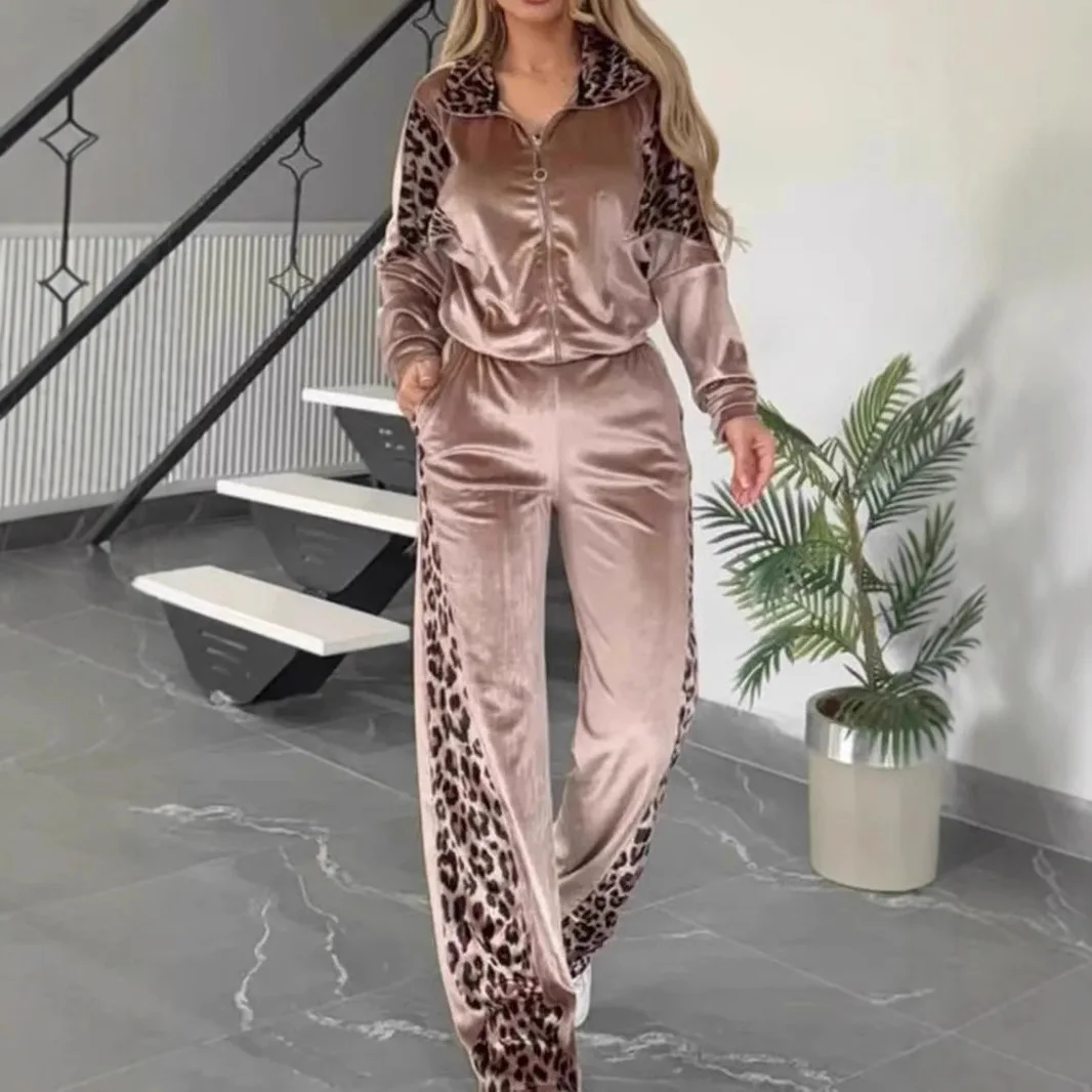 

Fashion Leopard Print Splicing 2 Piece Set Casual Sports Suit Spring New Lapel Zipper Top Elastic Waist Strap Wide Leg Pants Set