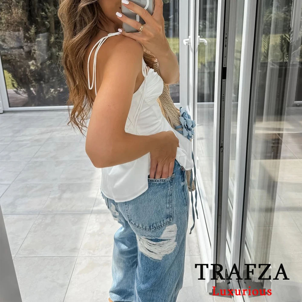 TRAFZA Sexy White Corset Cami Tops Women Y2K Girl Ruffles Summer Blouses Fashion 2024 Summer Streetwear Slim Tops