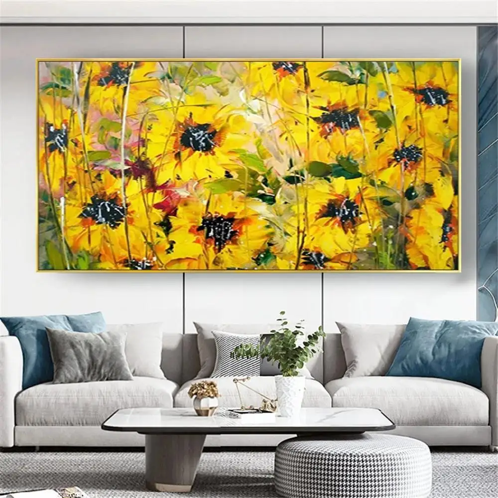 لوحة زيتية مصنوعة يدويًا على قماش عباد الشمس ، لوحة جدارية زهرية صفراء لديكور المنزل الحديث ، عمل فني أصلي مثالي للعيش