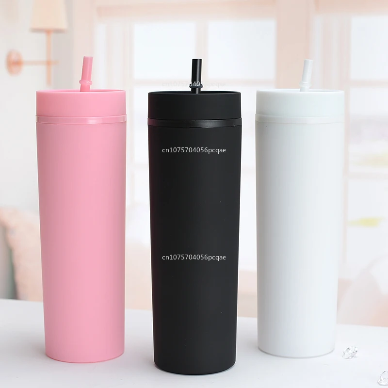 1pc Reusable Skinny 16oz Plastic Tumbler Double Wall Tumbler with Straw cups Tumblers Water Bottles Drinkware