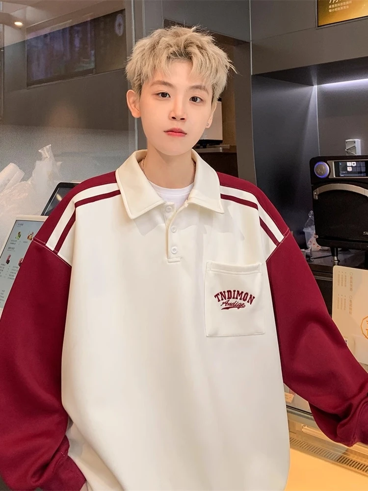 

American Sle irt Collared Embroidered Sweatirt for Men Spring Autumn Casual Loose Fit Couple Outfit Anti-Wrinkle