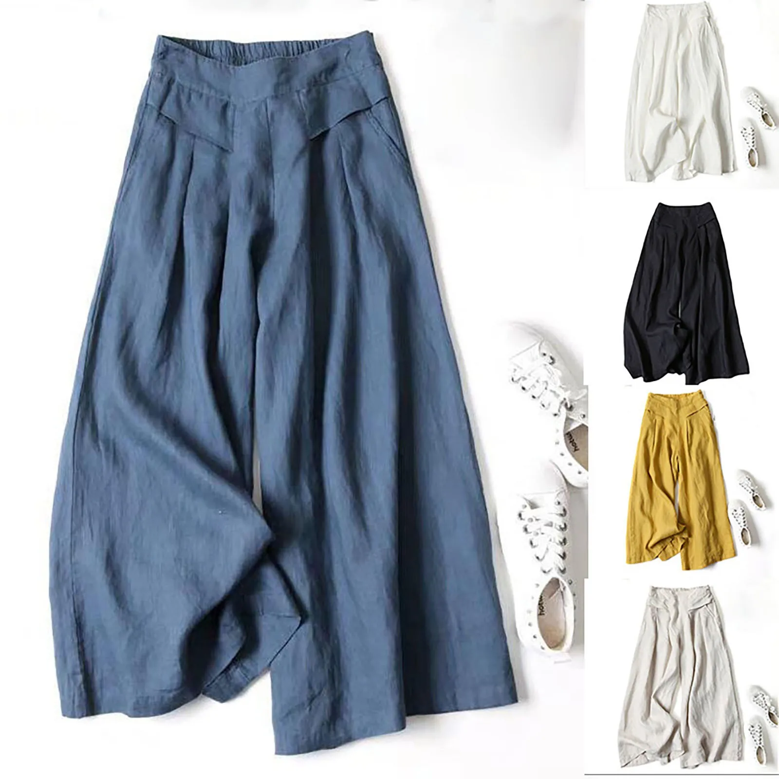 

Women Palazzo Pants Summer Linen Casual High Waist Wide Leg Flowy Culotte Trousers Drawstring Yoga plus Size Women's Dress Pants