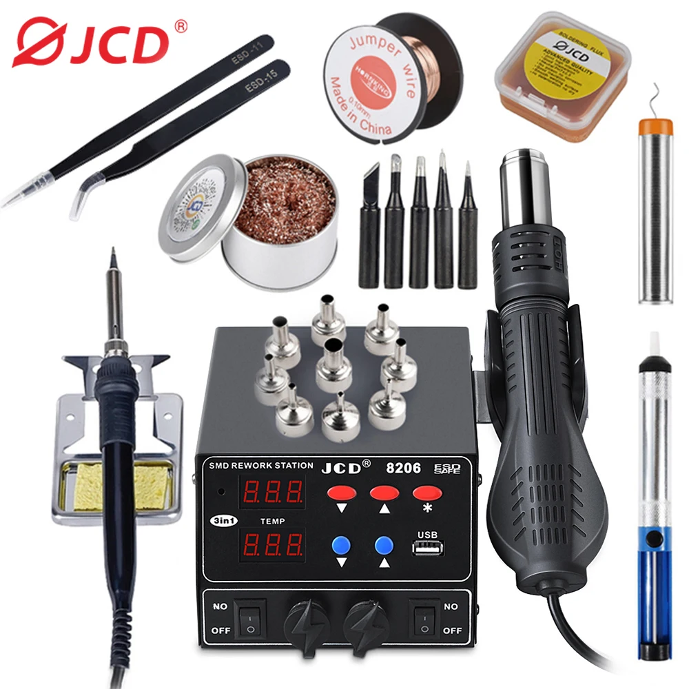 

JCD SMD Soldering Station 8206 Quick Heat 3 in 1 Heat Gun 800W USB Interface LED Display Solder Iron BGA Rework Welding Station