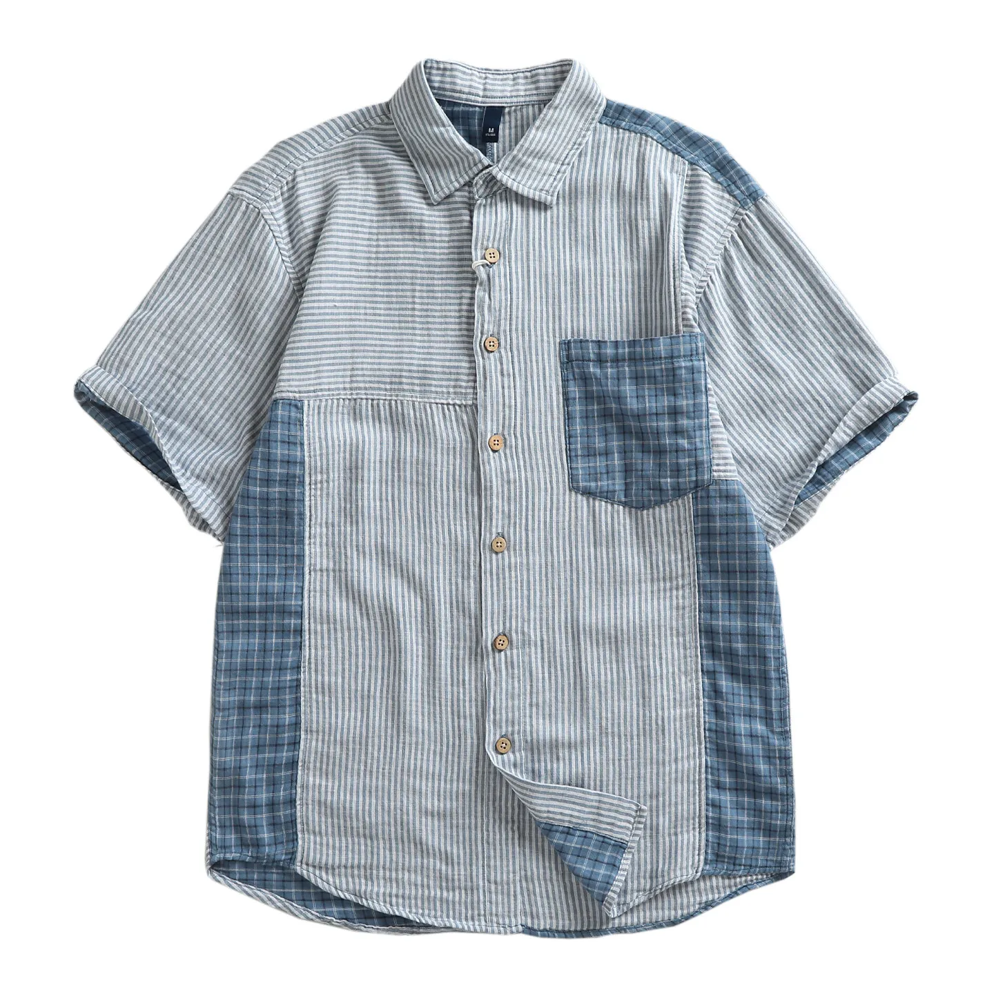 2026 Summer New Japanese Retro Short-Sleeve Turn-down Collar Striped Checkered Patchwork Shirt Men's 100% Cotton Casual Blouses